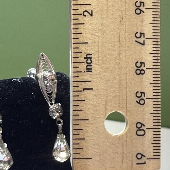 Vintage Marcasite Long Dangle 3 Rhinestone Sterling Silver Screw Back Ea… - Picture 5 of 5